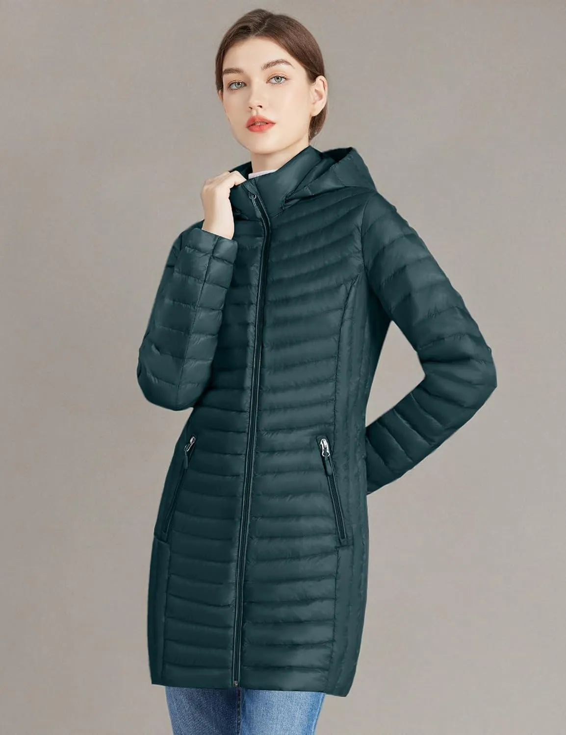 ANOTHER CHOICE Women Ultralightweight Down Coat, Winter Puffer Jacket with Detachable Hood Stretchy Panel Rollable