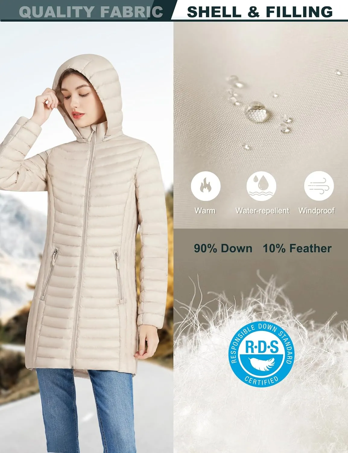 ANOTHER CHOICE Women Ultralightweight Down Coat, Winter Puffer Jacket with Detachable Hood Stretchy Panel Rollable