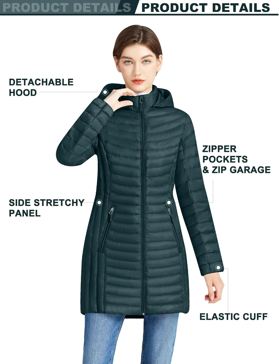 ANOTHER CHOICE Women Ultralightweight Down Coat, Winter Puffer Jacket with Detachable Hood Stretchy Panel Rollable