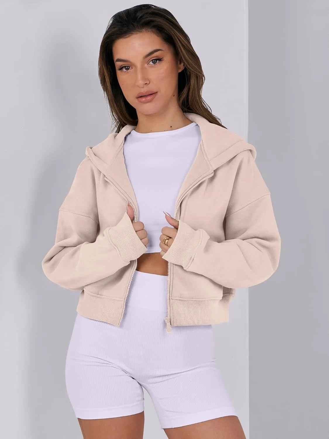 ANRABESS Womens Zip Up Crop Hoodie Sweatshirts 2024 Fall Trendy Long Sleeve Cropped Jacket Top Winter Teen Girls Clothes