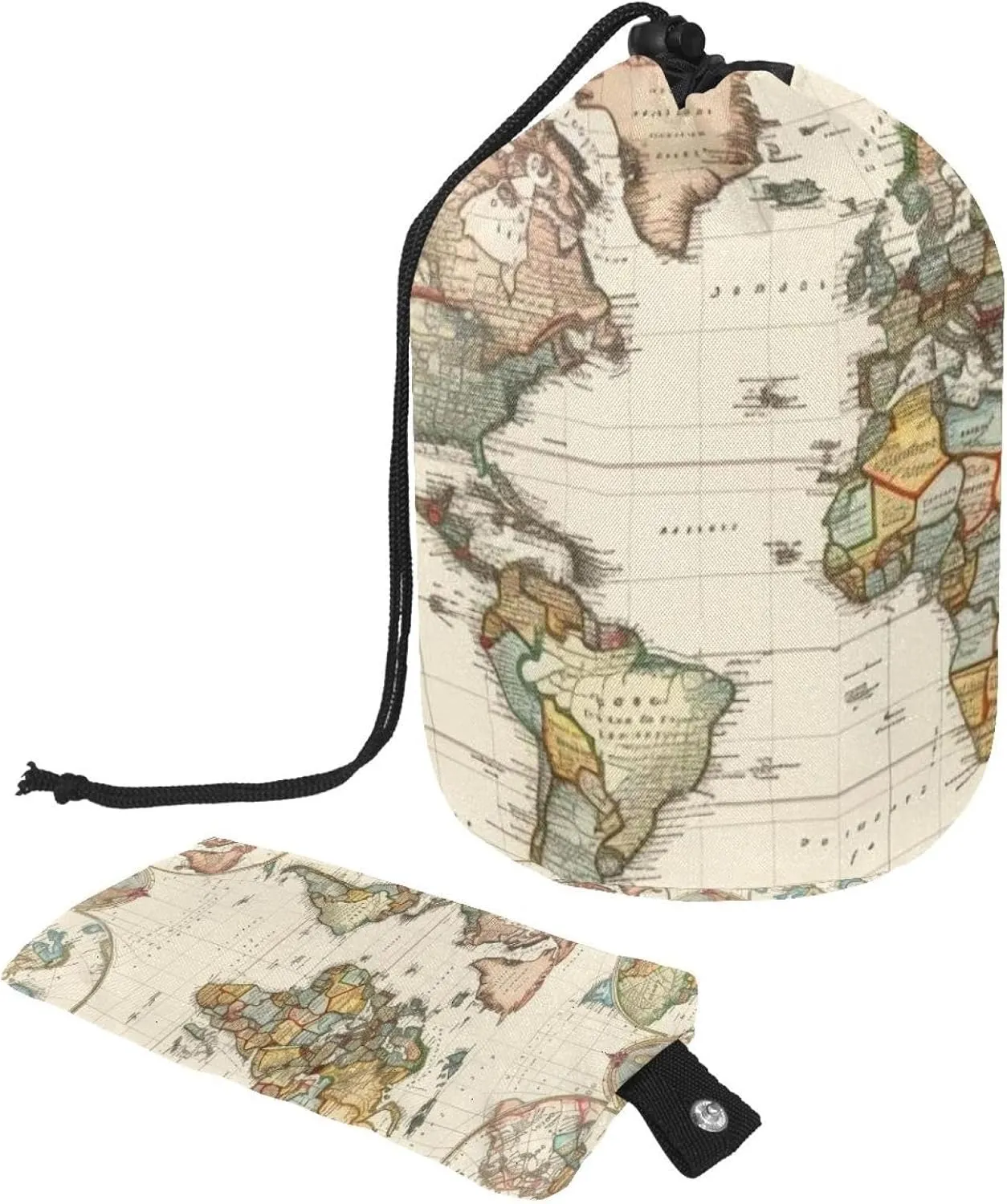 Antique Political Map of the World Travel Cosmetic Bags Makeup Bag for Women, Foldable Drawstring Travel Cosmetic Bags, Portable Toiletry Bucket Bag