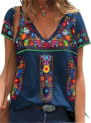 Apvirdy V Neck Mexican Shirts for Women Short Sleeve Floral Embroidered Tops Ethnic Style Loose Peasant Tee Shirt