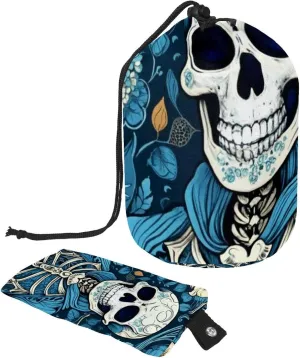 Art Blue Flower Skull Travel Cosmetic Bags Makeup Bag for Women, Foldable Drawstring Travel Cosmetic Bags, Portable Toiletry Bucket Bag