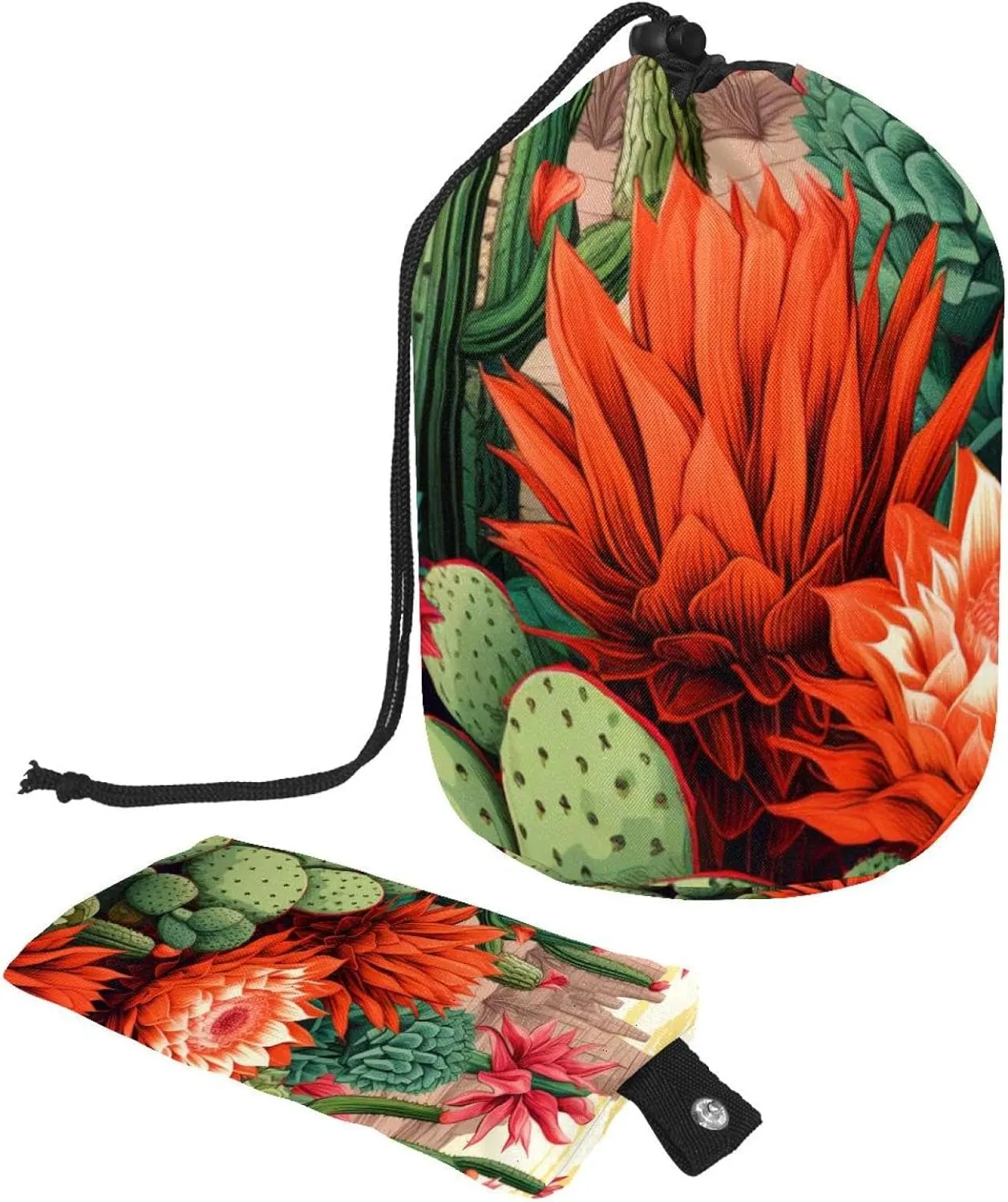 Art Colorful Cactus Print Travel Cosmetic Bags Makeup Bag for Women, Foldable Drawstring Travel Cosmetic Bags, Portable Toiletry Bucket Bag