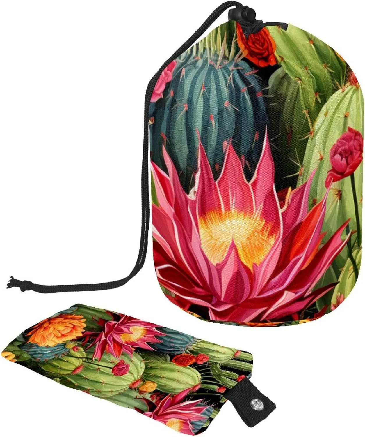 Art Colorful Flower Cactus Travel Cosmetic Bags Makeup Bag for Women, Foldable Drawstring Travel Cosmetic Bags, Portable Toiletry Bucket Bag