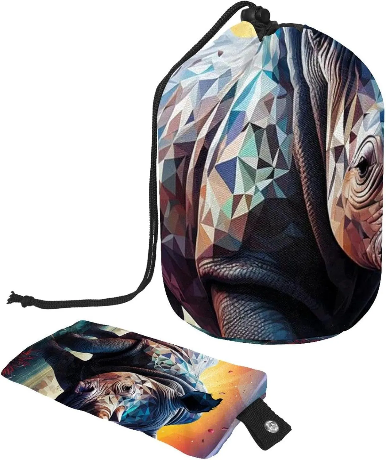 Art Mosaic Rhino 5 Travel Cosmetic Bags Makeup Bag for Women, Foldable Drawstring Travel Cosmetic Bags, Portable Toiletry Bucket Bag