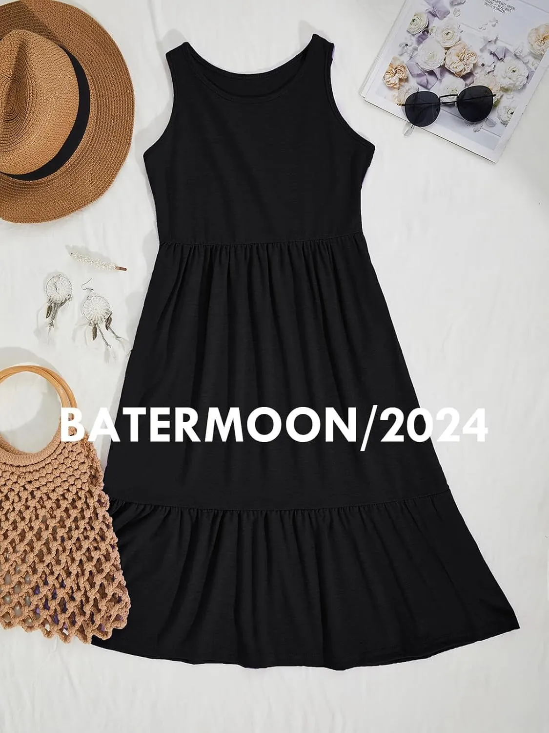 Batermoon Girls Summer Dress Sleeveless Flowy Tiered Casual Long Maxi Dress with Pockets