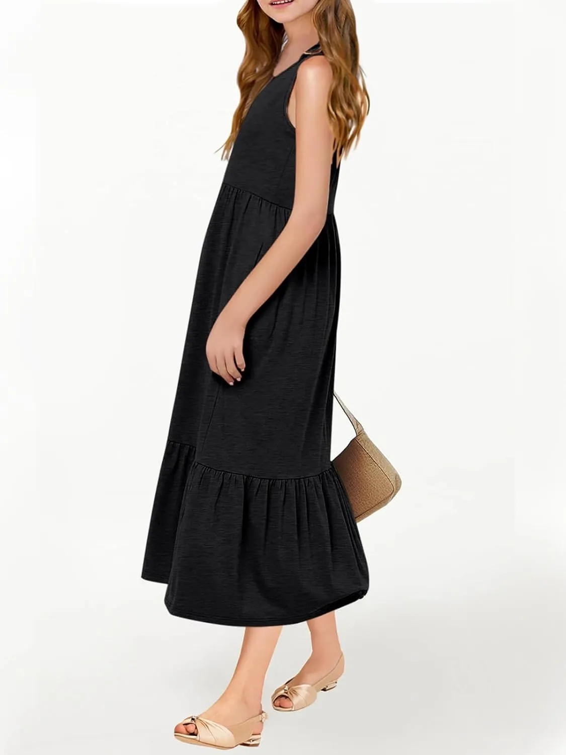 Batermoon Girls Summer Dress Sleeveless Flowy Tiered Casual Long Maxi Dress with Pockets
