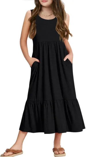 Batermoon Girls Summer Dress Sleeveless Flowy Tiered Casual Long Maxi Dress with Pockets