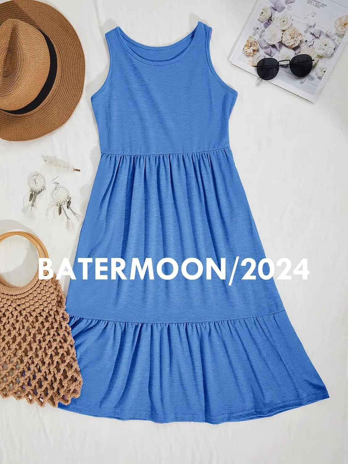 Batermoon Girls Summer Dress Sleeveless Flowy Tiered Casual Long Maxi Dress with Pockets