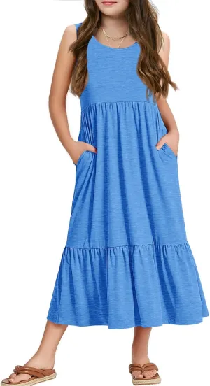 Batermoon Girls Summer Dress Sleeveless Flowy Tiered Casual Long Maxi Dress with Pockets