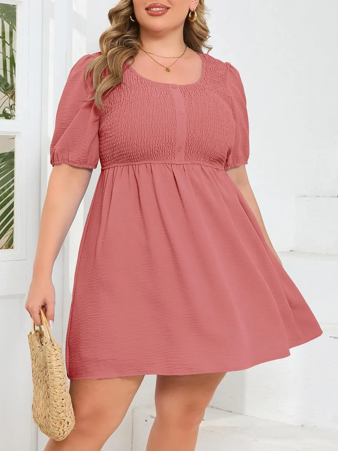 Beautife Women's Plus Size Smocked Summer Dress Casual Button Puff Sleeve Scoop Neck A-Line Beach Mini Dress