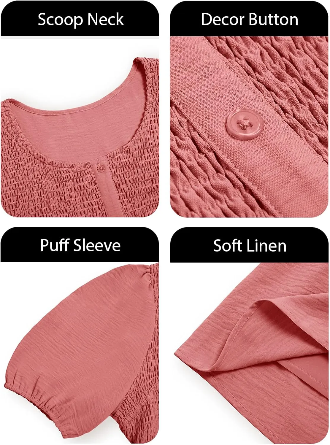 Beautife Women's Plus Size Smocked Summer Dress Casual Button Puff Sleeve Scoop Neck A-Line Beach Mini Dress