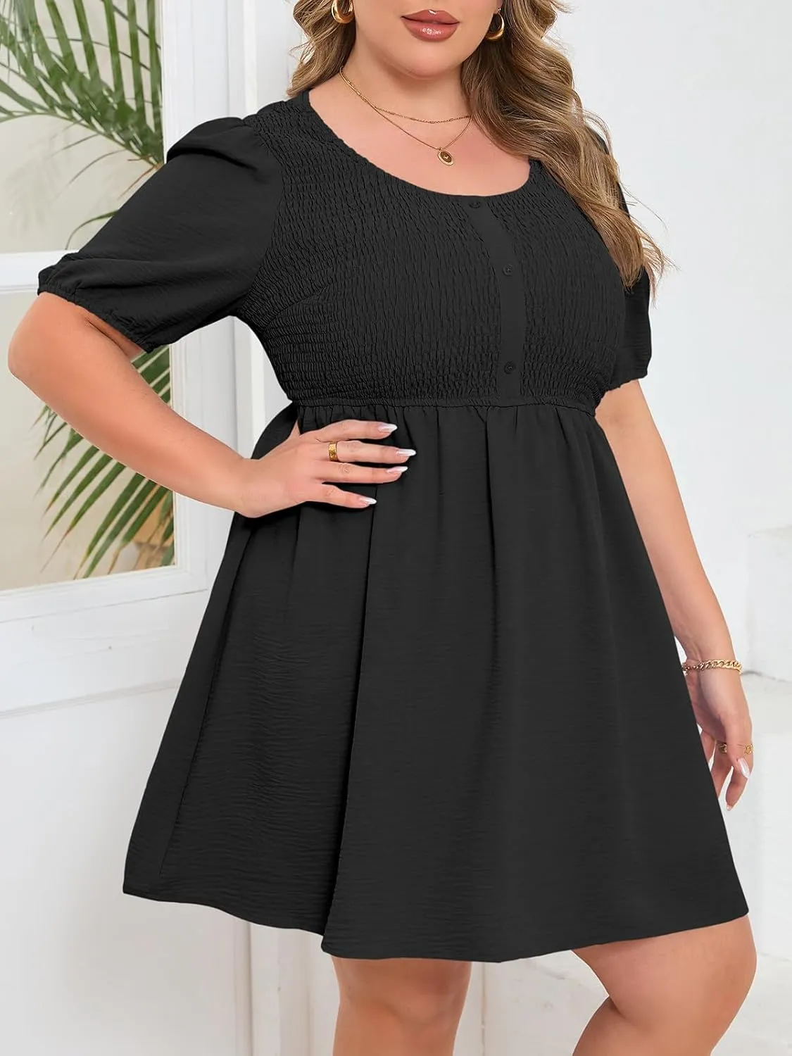 Beautife Women's Plus Size Smocked Summer Dress Casual Button Puff Sleeve Scoop Neck A-Line Beach Mini Dress