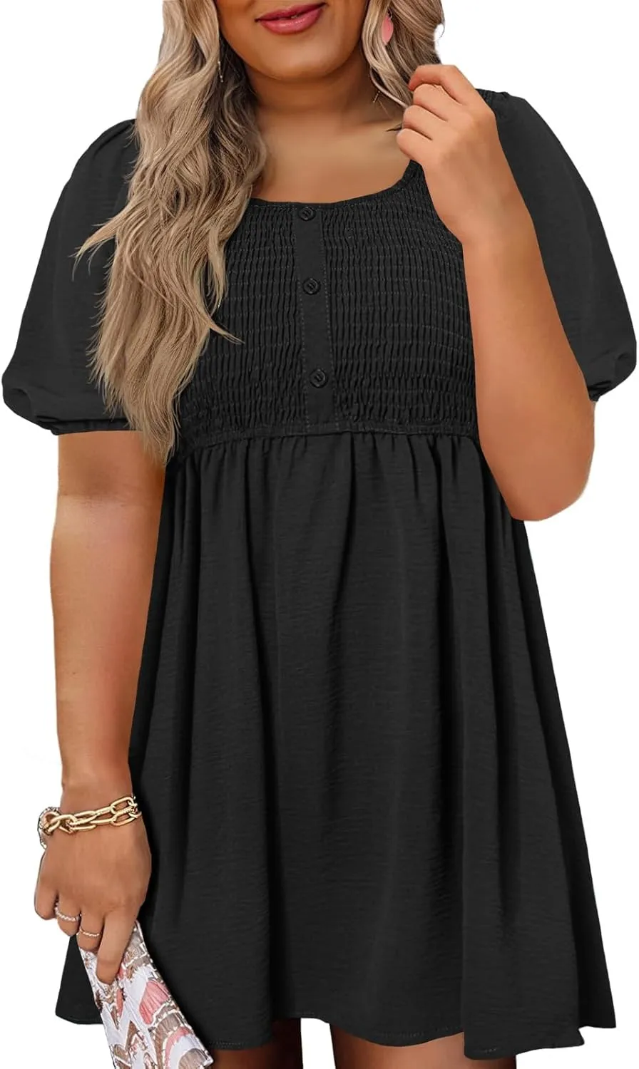 Beautife Women's Plus Size Smocked Summer Dress Casual Button Puff Sleeve Scoop Neck A-Line Beach Mini Dress