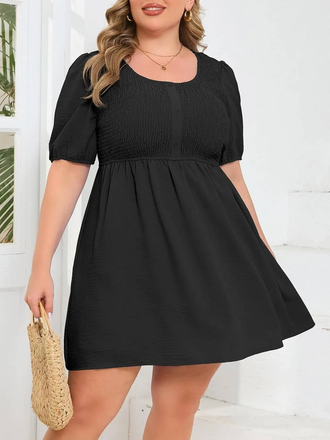Beautife Women's Plus Size Smocked Summer Dress Casual Button Puff Sleeve Scoop Neck A-Line Beach Mini Dress