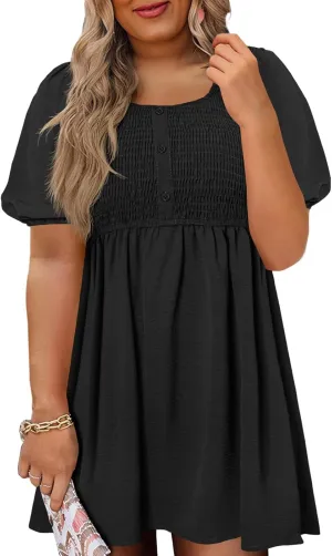 Beautife Women's Plus Size Smocked Summer Dress Casual Button Puff Sleeve Scoop Neck A-Line Beach Mini Dress