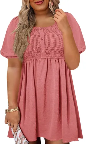 Beautife Women's Plus Size Smocked Summer Dress Casual Button Puff Sleeve Scoop Neck A-Line Beach Mini Dress