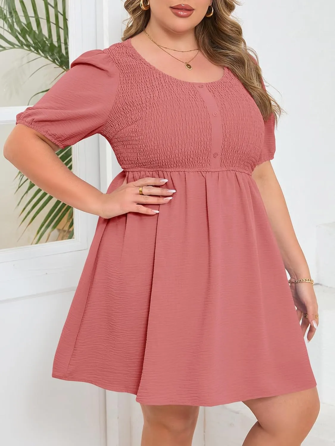 Beautife Women's Plus Size Smocked Summer Dress Casual Button Puff Sleeve Scoop Neck A-Line Beach Mini Dress