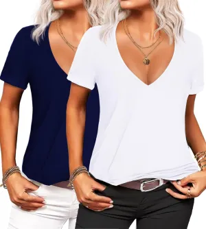 Beyove Women's Deep V T-Shirt Summer Short Sleeve Loose Casual Top(S-3XL)