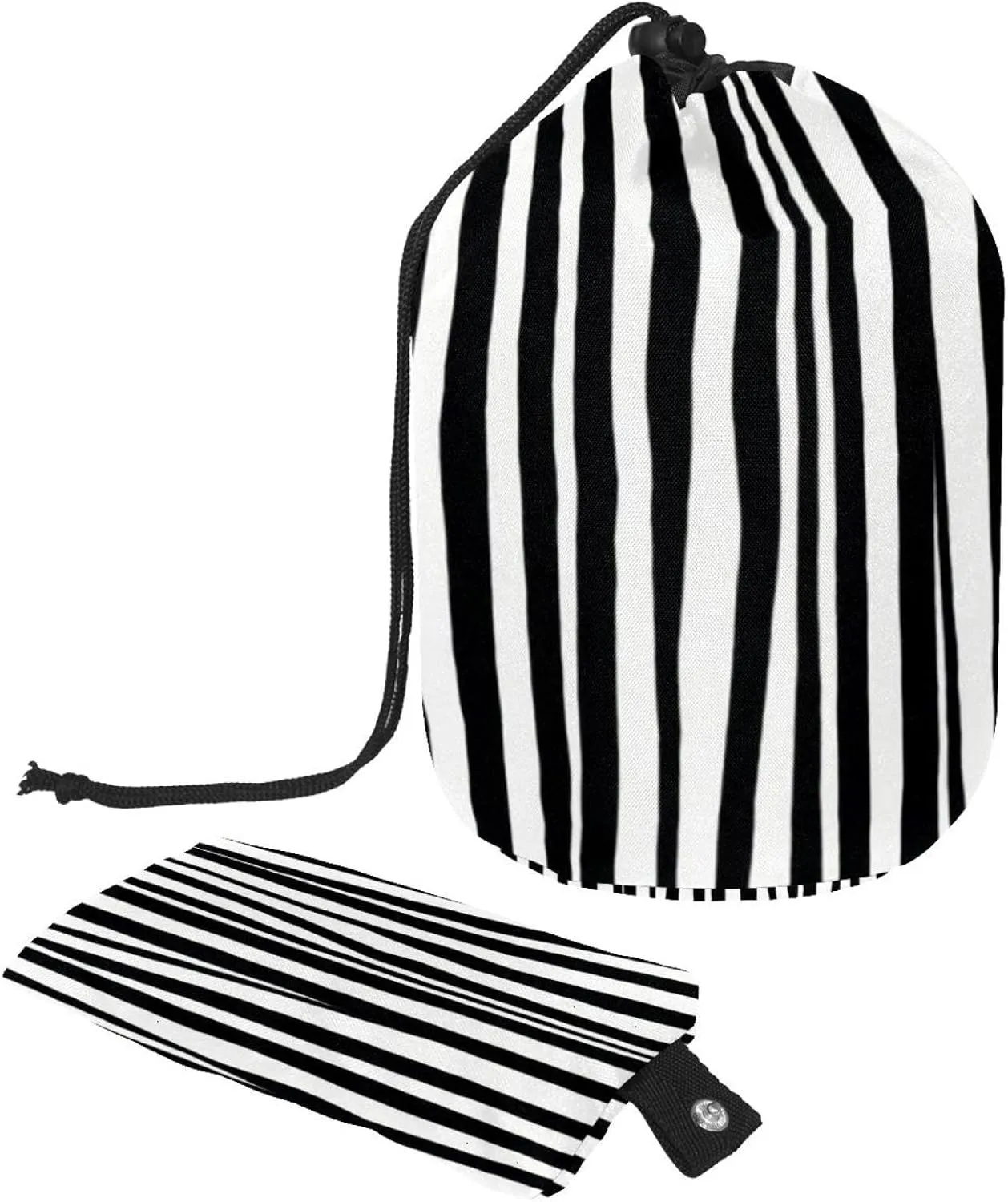 Black White Stripes Pattern Travel Cosmetic Bags Makeup Bag for Women, Foldable Drawstring Travel Cosmetic Bags, Portable Toiletry Bucket Bag