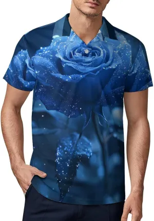Blue Rose with Glitter Men's Polo-Shirt Regular-Fit Short Sleeve Sports Quick Dry Golf Tennis T-Shirt