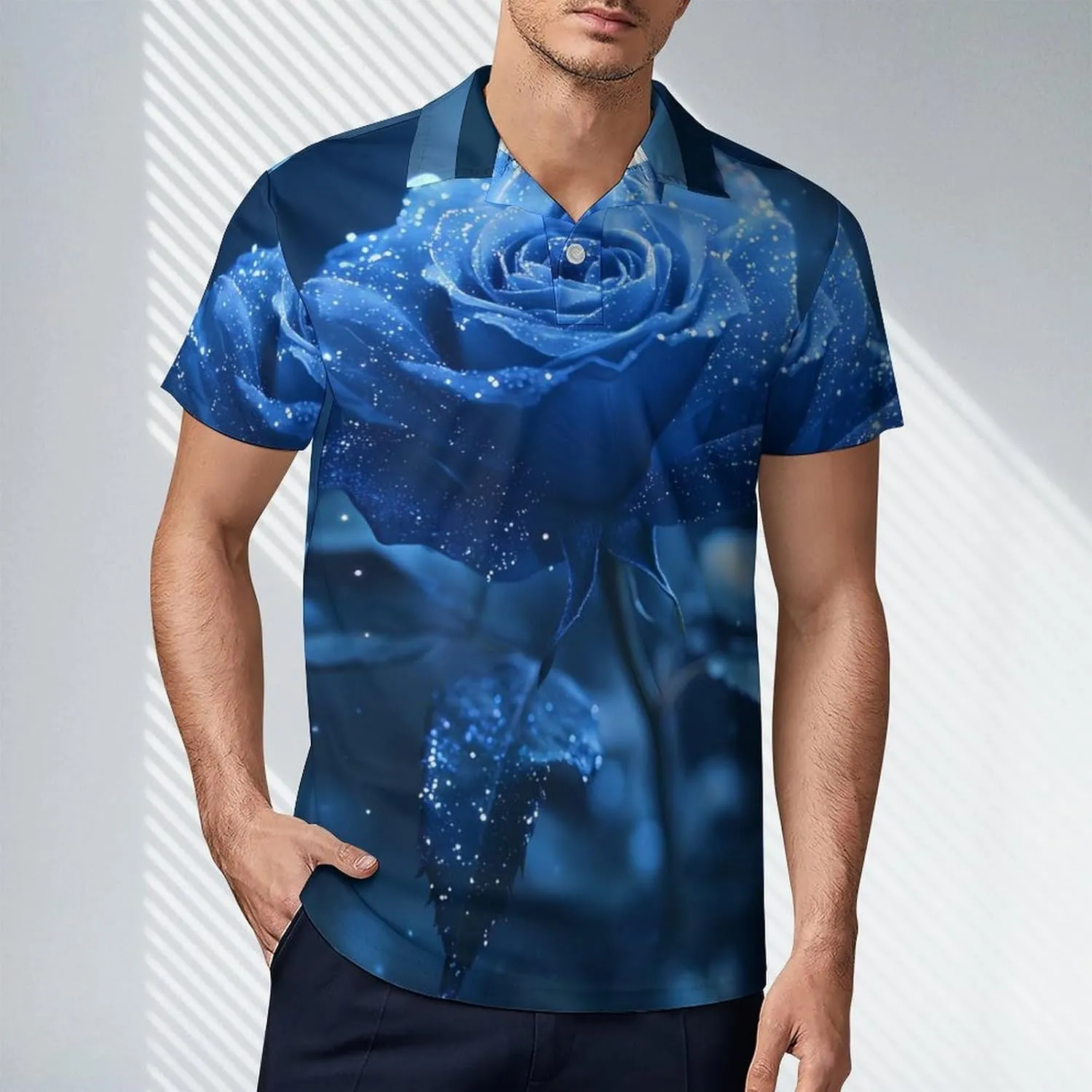 Blue Rose with Glitter Men's Polo-Shirt Regular-Fit Short Sleeve Sports Quick Dry Golf Tennis T-Shirt