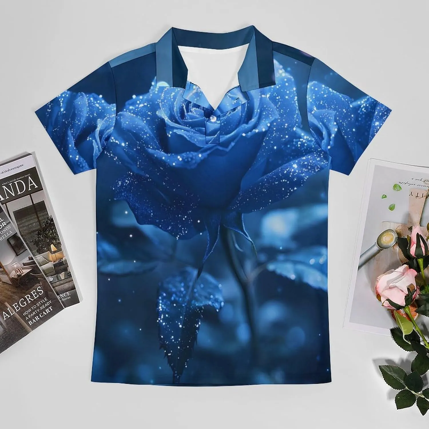 Blue Rose with Glitter Men's Polo-Shirt Regular-Fit Short Sleeve Sports Quick Dry Golf Tennis T-Shirt