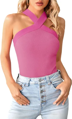 Bodosalia Women Criss Cross Halter Tank Top Solid Ribbed Sleeveless Shirts Summer Casual Basic Cami