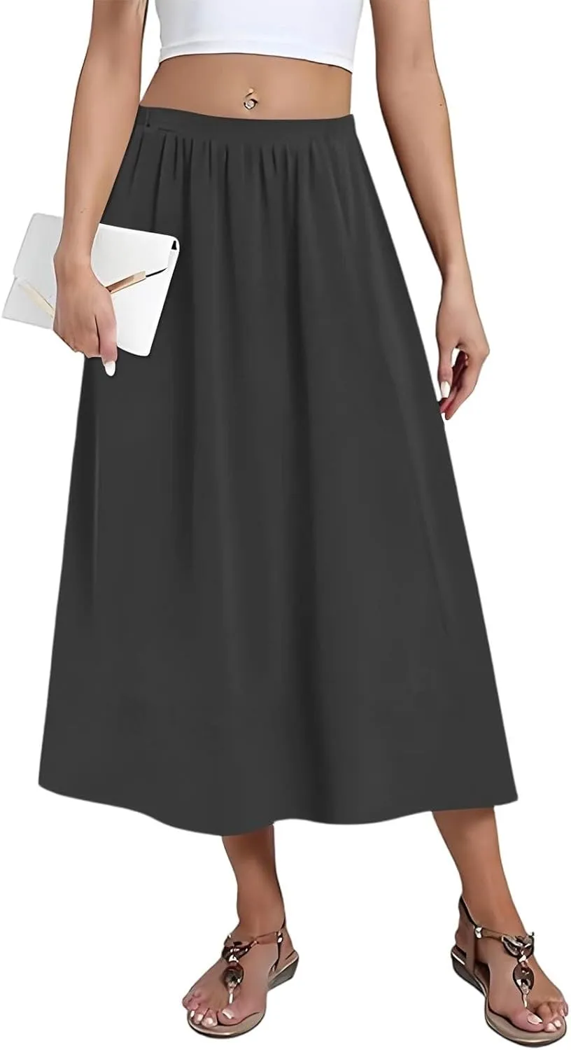 Boho Skirts for Women Summer Casual Flowy Floral Modest High Waisted Pleated Beach A Line Midi Skirts with Pockets
