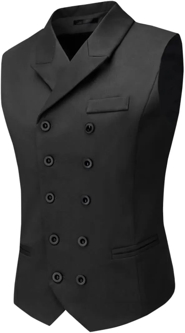 Boyland Men's Double Breasted Business Wedding Vests Dress Waistcoat 10 Buttons Closure V-Neck Suit Vest Slim Fit Plus Size