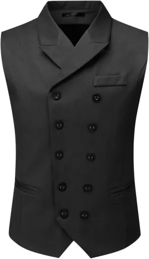 Boyland Men's Double Breasted Business Wedding Vests Dress Waistcoat 10 Buttons Closure V-Neck Suit Vest Slim Fit Plus Size