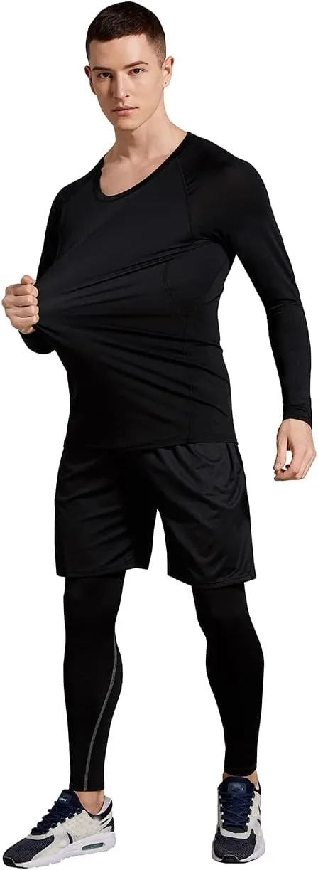 BUYJYA 5Pcs Men's Compression Pants Shirt Top Long Sleeve Jacket Athletic Sets Gym Clothing Mens Workout