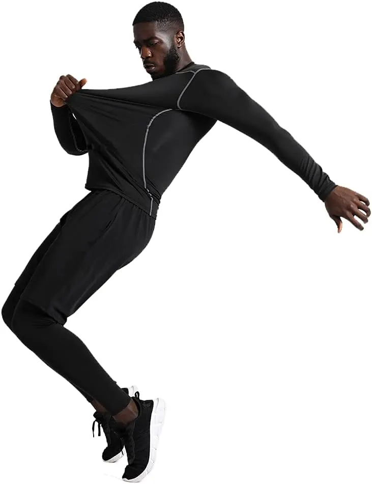 BUYJYA 5Pcs Men's Compression Pants Shirt Top Long Sleeve Jacket Athletic Sets Gym Clothing Mens Workout