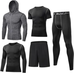BUYJYA 5Pcs Men's Compression Pants Shirt Top Long Sleeve Jacket Athletic Sets Gym Clothing Mens Workout