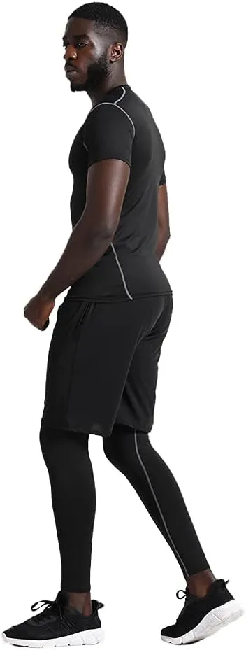 BUYJYA 5Pcs Men's Compression Pants Shirt Top Long Sleeve Jacket Athletic Sets Gym Clothing Mens Workout