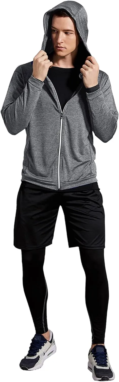 BUYJYA 5Pcs Men's Compression Pants Shirt Top Long Sleeve Jacket Athletic Sets Gym Clothing Mens Workout