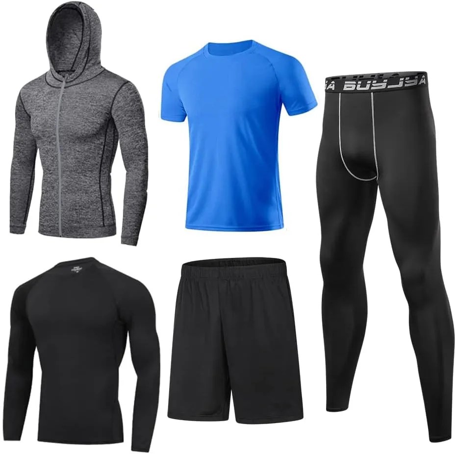 BUYJYA 5Pcs Men's Compression Pants Shirt Top Long Sleeve Jacket Athletic Sets Gym Clothing Mens Workout
