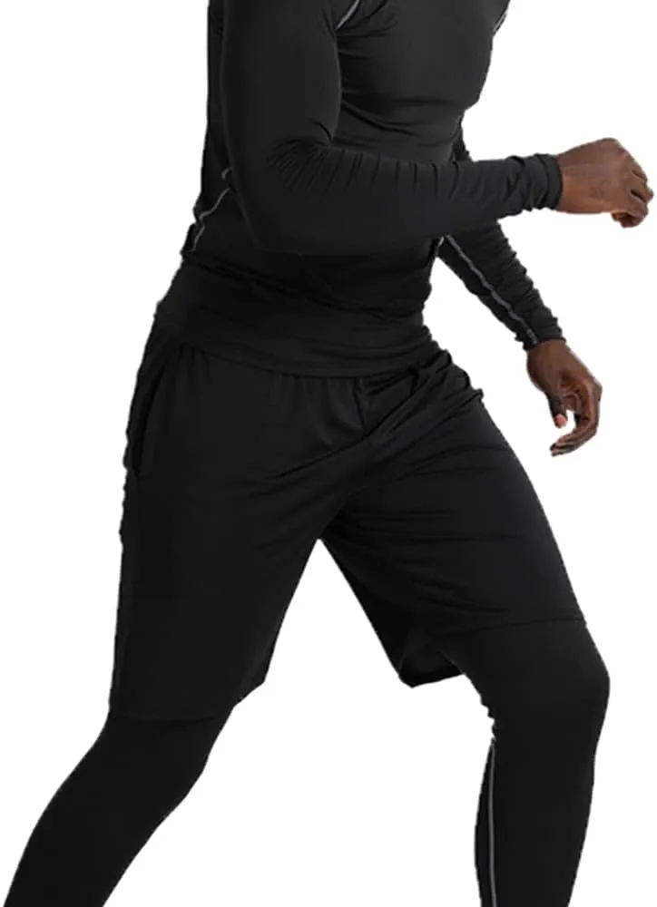 BUYJYA 5Pcs Men's Compression Pants Shirt Top Long Sleeve Jacket Athletic Sets Gym Clothing Mens Workout