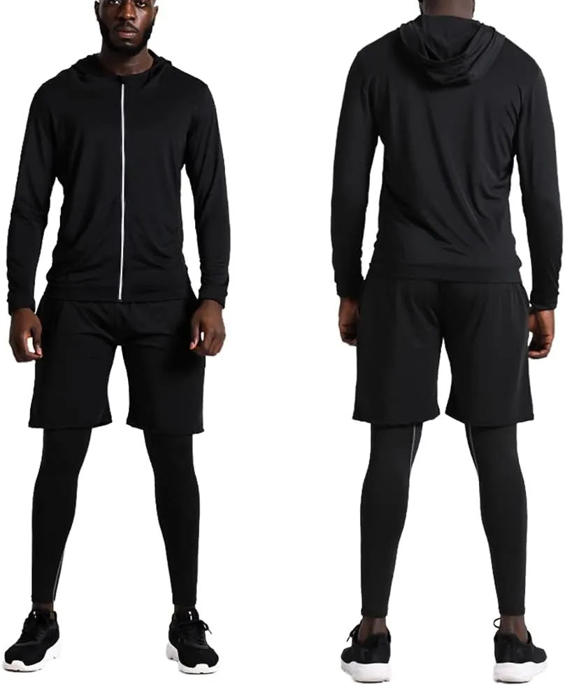 BUYJYA 5Pcs Men's Compression Pants Shirt Top Long Sleeve Jacket Athletic Sets Gym Clothing Mens Workout