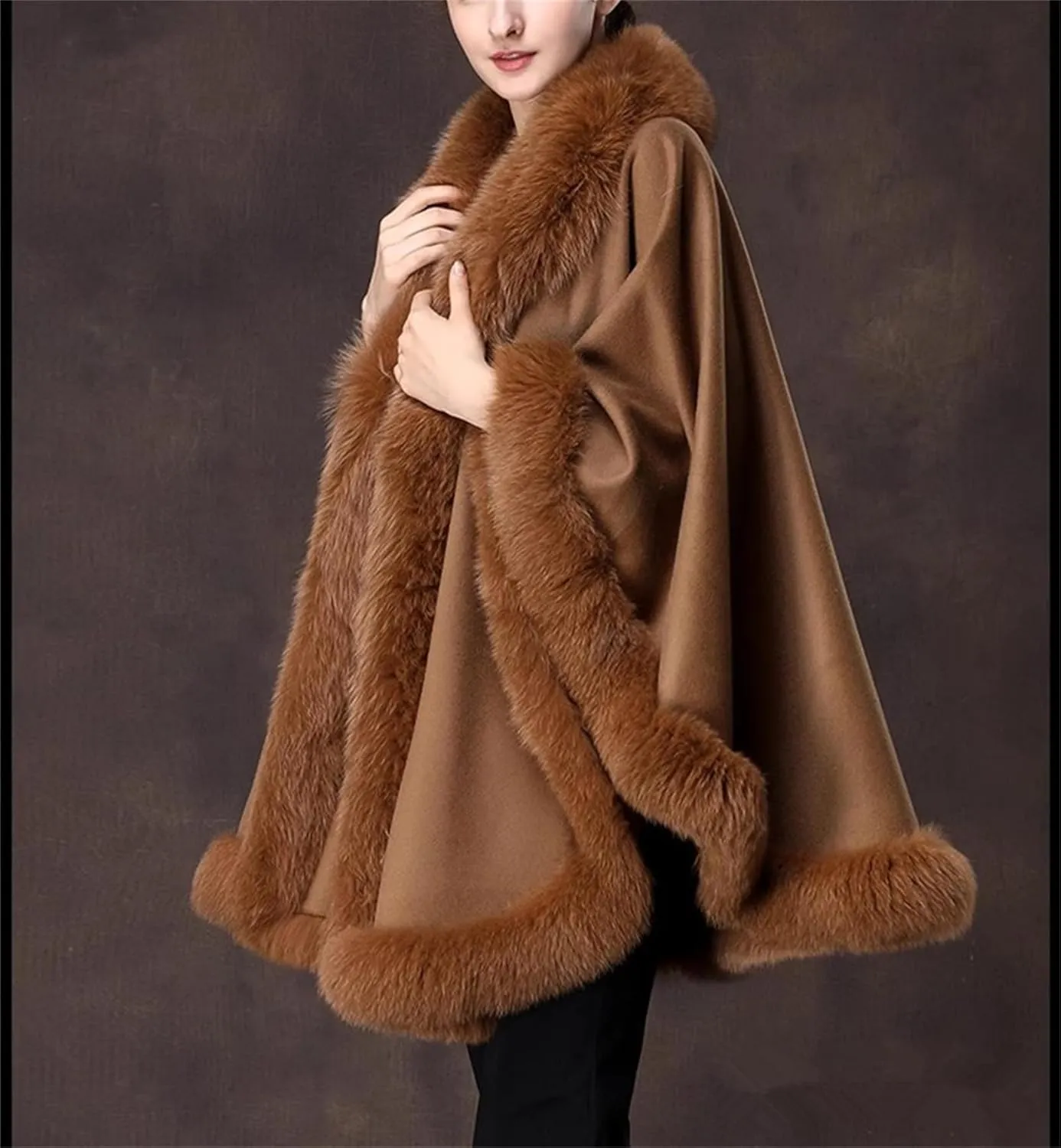 CAPE- Autumn Winter Woolen Cloak For Women Real Fox Fur Luxury Soft Cashmere Pashmina Shawl Wrap