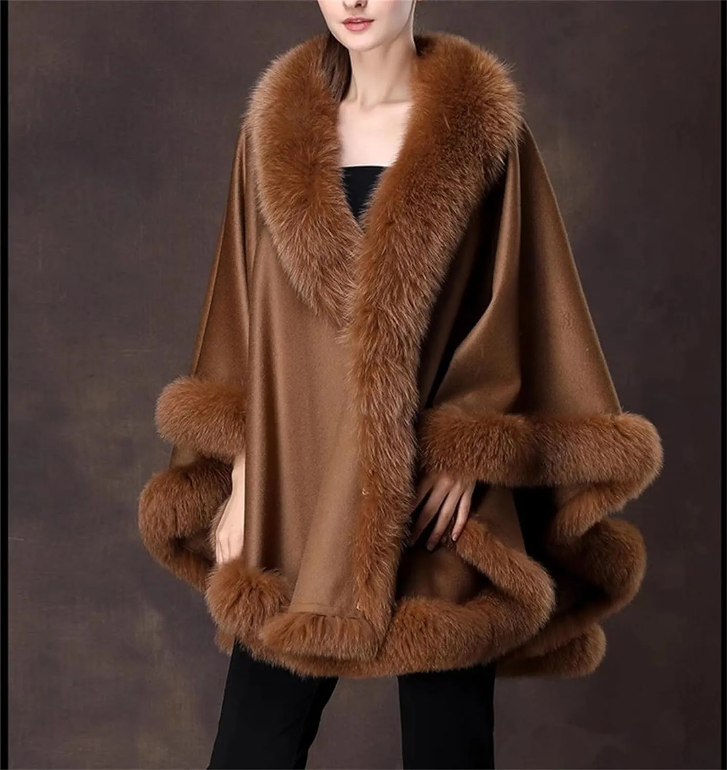 CAPE- Autumn Winter Woolen Cloak For Women Real Fox Fur Luxury Soft Cashmere Pashmina Shawl Wrap