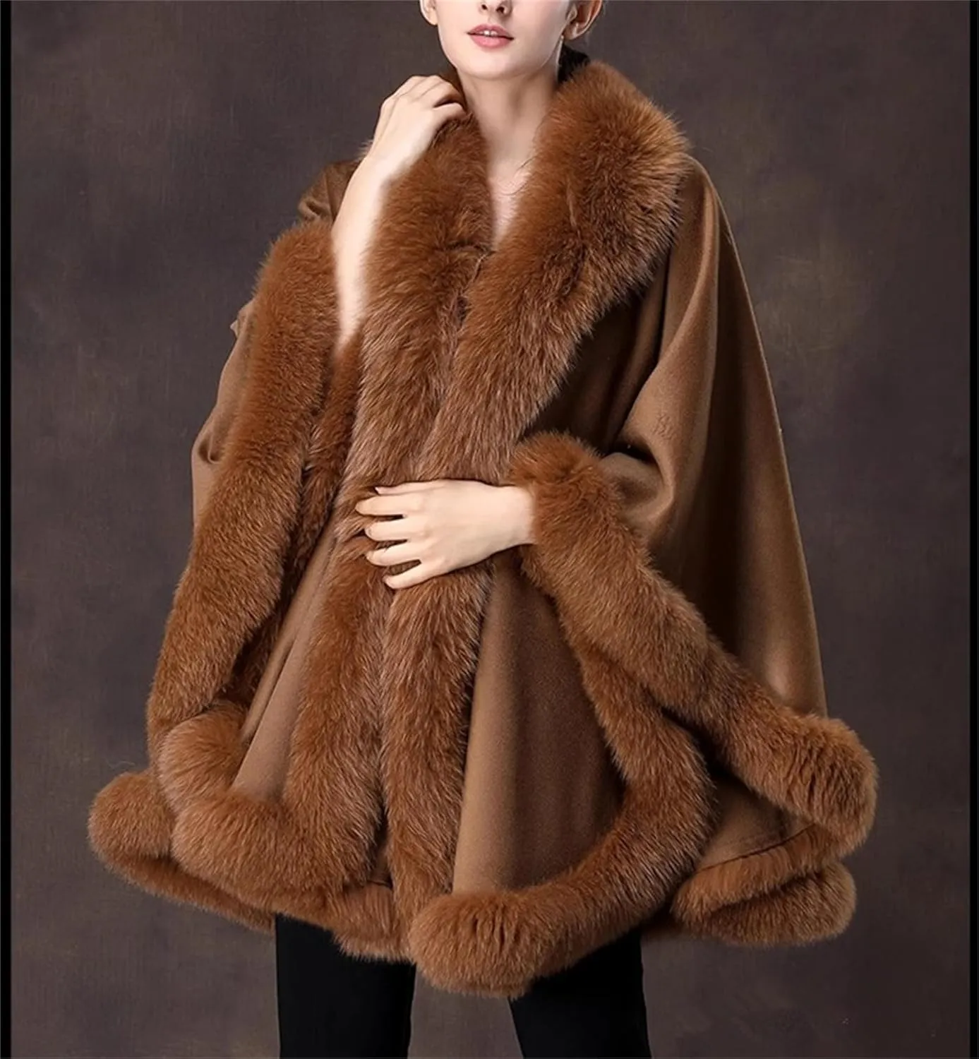 CAPE- Autumn Winter Woolen Cloak For Women Real Fox Fur Luxury Soft Cashmere Pashmina Shawl Wrap