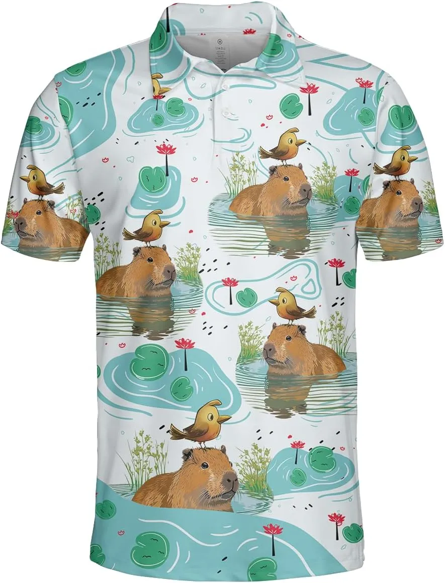 Capybara Polo Shirts for Men - Funny Capybara Mens Golf Shirts Short Sleeve Dry Fit Casual Tennis T-Shirt S44