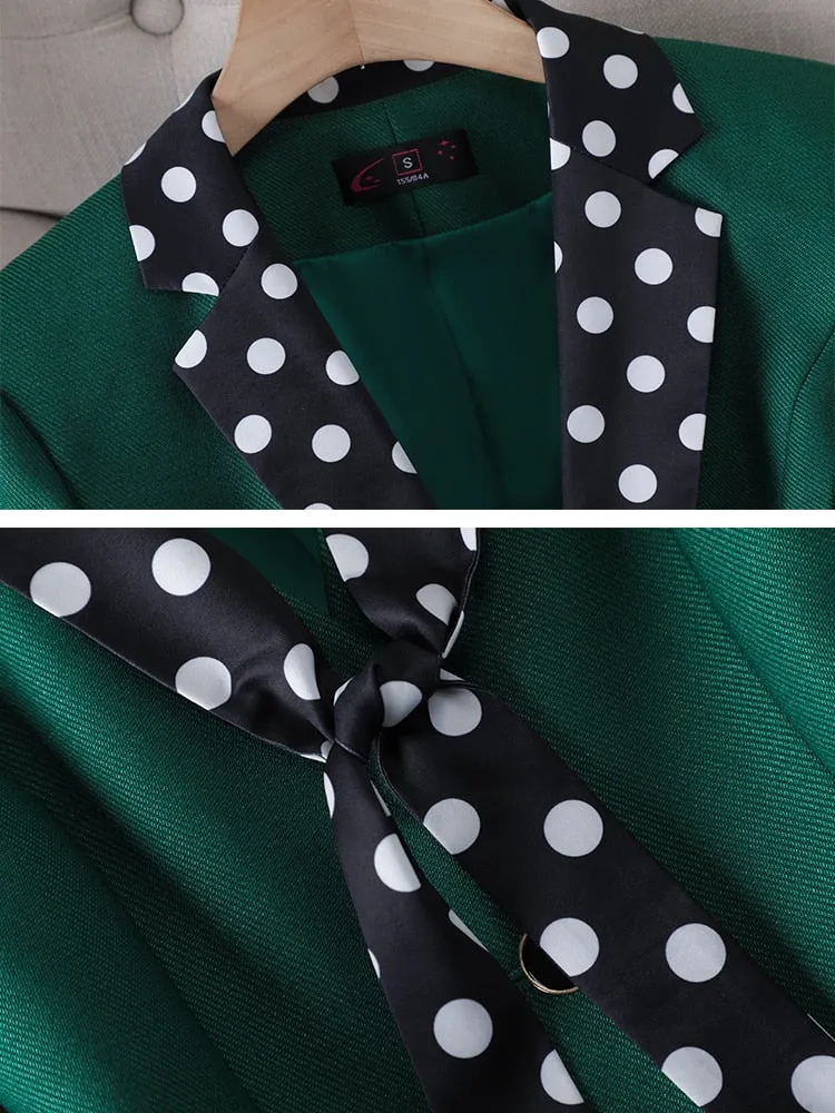 CAROLINE SUITS Women's Elegant Stylish Fashion Polka Dots Design Office Green Blazer Jacket & Pants Suit Set