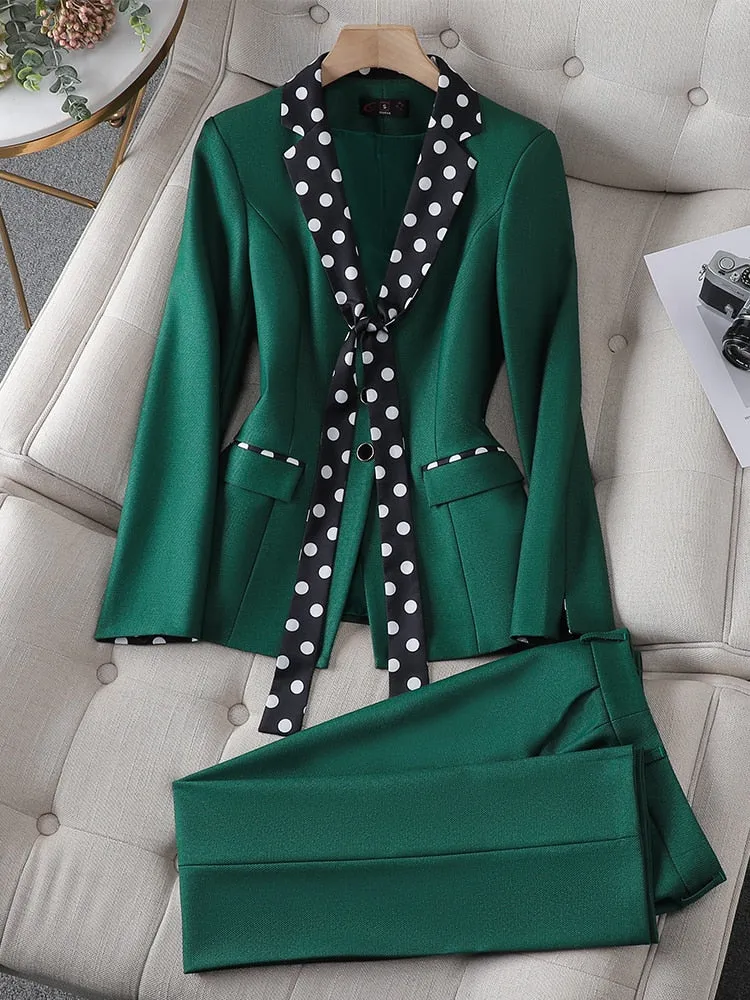 CAROLINE SUITS Women's Elegant Stylish Fashion Polka Dots Design Office Green Blazer Jacket & Pants Suit Set