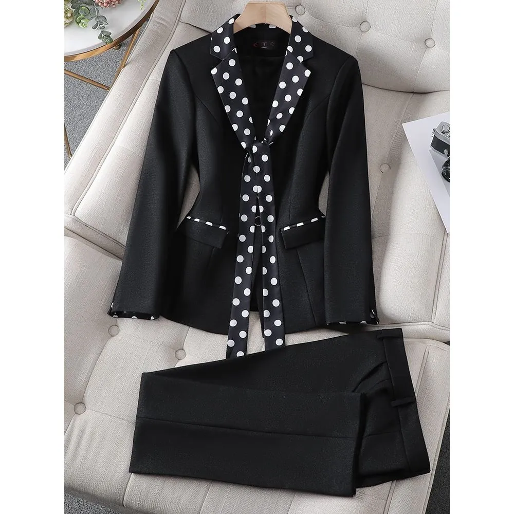 CAROLINE SUITS Women's Elegant Stylish Fashion Polka Dots Design Office Green Blazer Jacket & Pants Suit Set