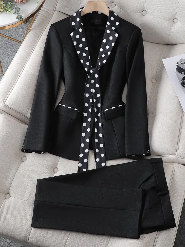 CAROLINE SUITS Women's Elegant Stylish Fashion Polka Dots Design Office Green Blazer Jacket & Pants Suit Set