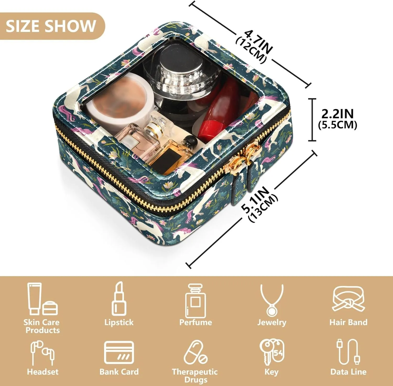 Cartoon unicorns Clear Makeup Bag Travel Cosmetic Case Transparent Toiletry Bag with Zipper, Portable Make Up Organizer PU Leather Traveling Compact Car Bag for Essentials
