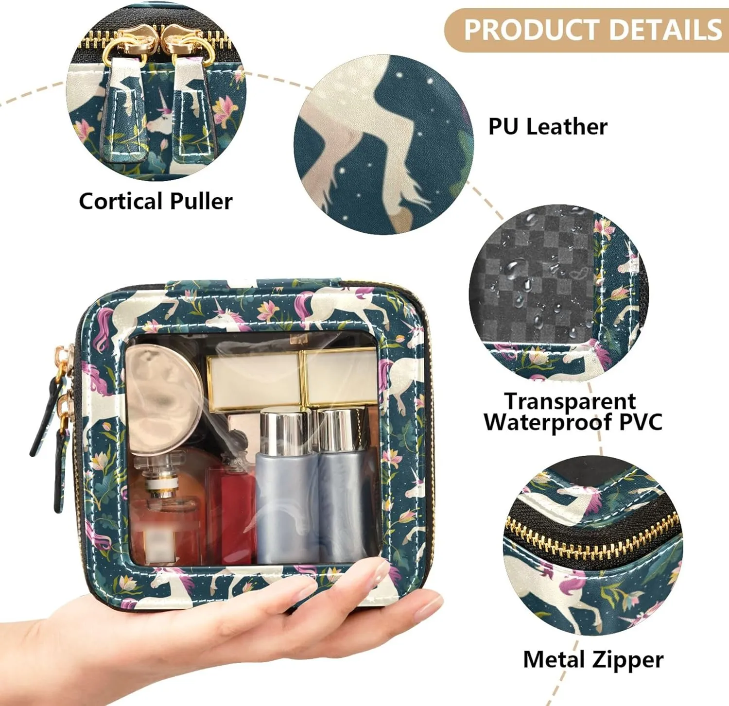 Cartoon unicorns Clear Makeup Bag Travel Cosmetic Case Transparent Toiletry Bag with Zipper, Portable Make Up Organizer PU Leather Traveling Compact Car Bag for Essentials
